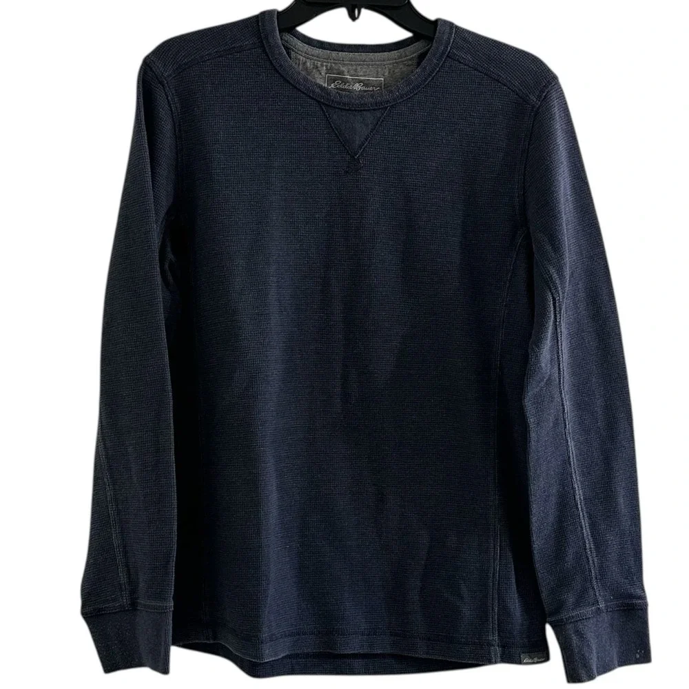 Eddie‎ Bauer Mens Navy Blue Waffle Knit Thermal Long Sleeve Crewneck M - Picture 2 of 13